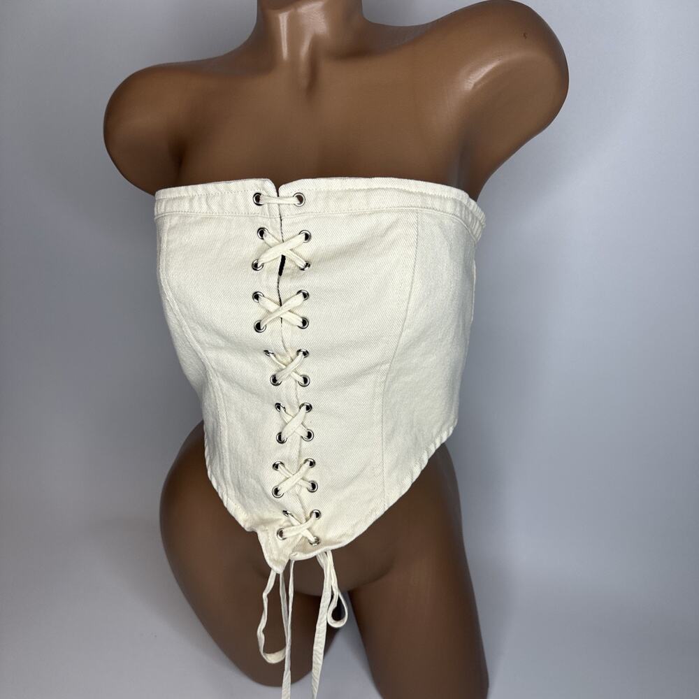 White Fox Lace Up Denim Corset Top M Cream Bustier Y2K Coquette Milkmaid Fit
